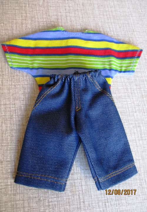 Ken - Barbie - denim shorts plus bright striped T-shirt.