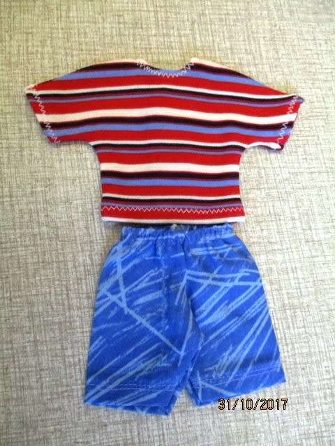 Ken - Barbie - blue print SHORTS and red striped T-SHIRT.