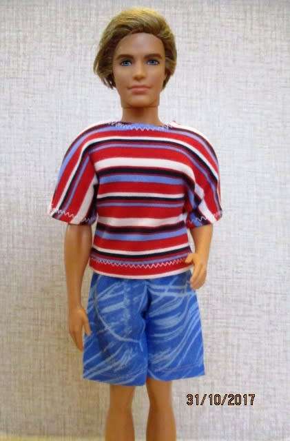 Ken - Barbie - blue print SHORTS and red striped T-SHIRT.