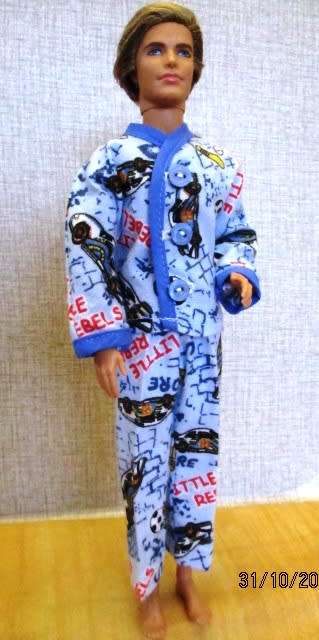 Ken - Barbie - winter PYJAMAS in blue sports print with blue binding.