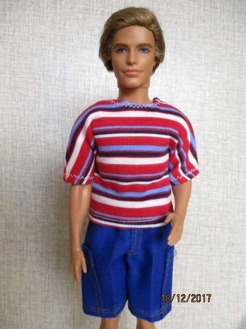 Ken - Barbie - blue shorts and striped T-shirt.