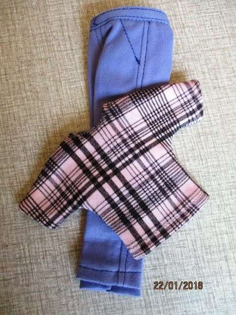 Ken - Barbie - fitted blue pants with pink/black check T-shirt.