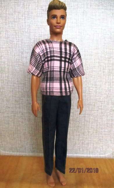 Ken - Barbie - denim jeans with pink/black check T-shirt.