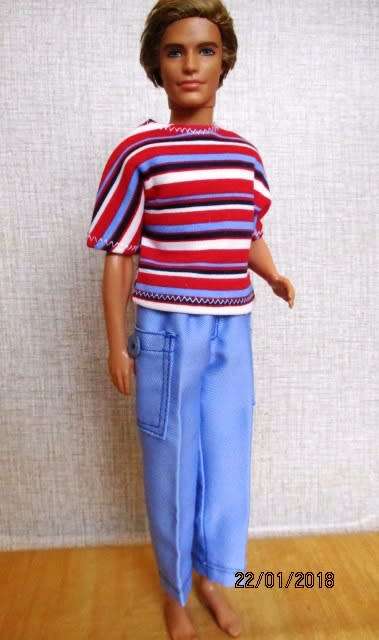 Ken - Barbie - blue cargo pants with red striped T-shirt.