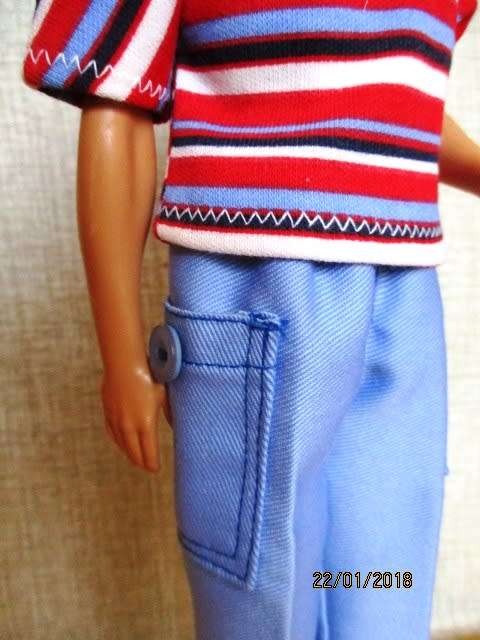 Ken - Barbie - blue cargo pants with red striped T-shirt.