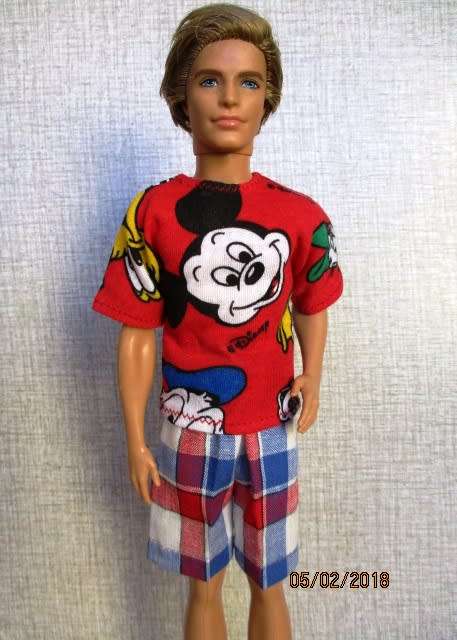 Ken - Barbie - red check shorts plus Mickey Mouse T-shirt.