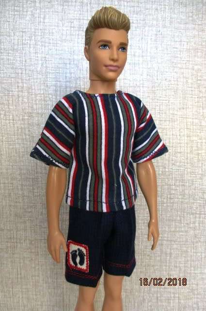 Ken - Barbie - navy SHORTS with feet motif and striped T-SHIRT.