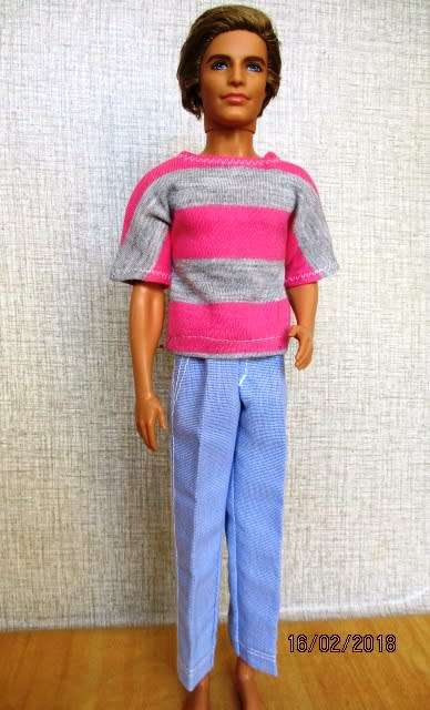 Ken - Barbie - light blue pants plus pink and grey stripe T-shirt.
