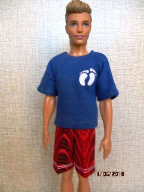 Ken - Barbie - doll's red print shorts with blue T-shirt