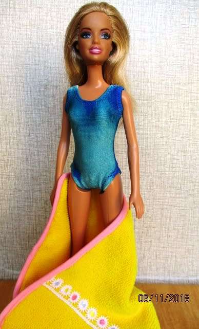 Barbie doll's swimming costume and beach towel - turquoise and yellow