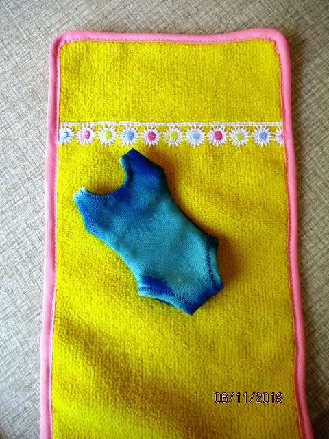 Barbie doll's swimming costume and beach towel - turquoise and yellow