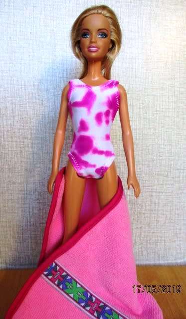 Barbie doll's lycra bathing costume and beach towel - pink tie dye