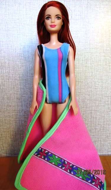 Barbie doll's bathing costume and beach towel - blue stripe