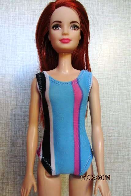 Barbie doll's bathing costume and beach towel - blue stripe