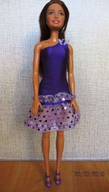 Barbie doll's evening dress - purple one shoulder + shoes
