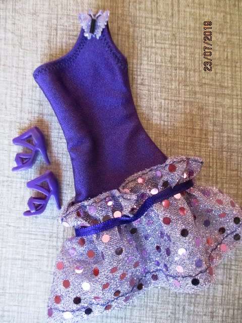 Barbie doll's evening dress - purple one shoulder + shoes