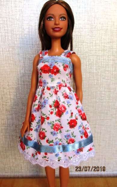 Barbie doll's dress and panties - red rose with blue ribbon