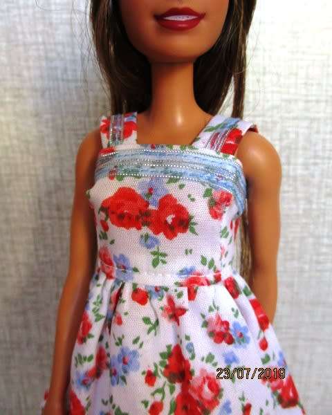 Barbie doll's dress and panties - red rose with blue ribbon