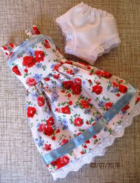Barbie doll's dress and panties - red rose with blue ribbon