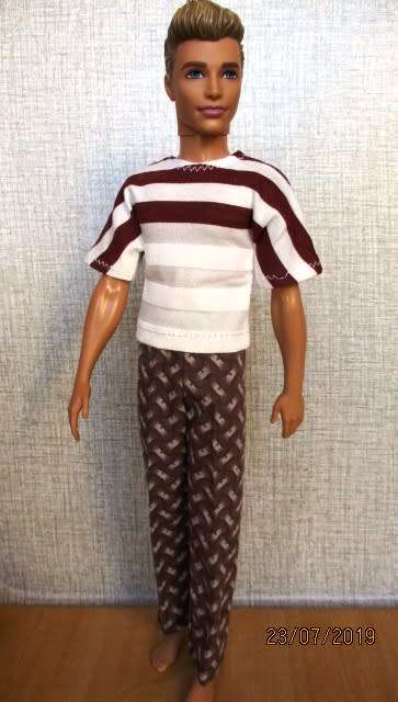 Ken doll's brown print pants with brown stripe T-shirt