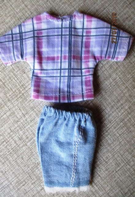 Barbie doll's fringed denim shorts + T-shirt