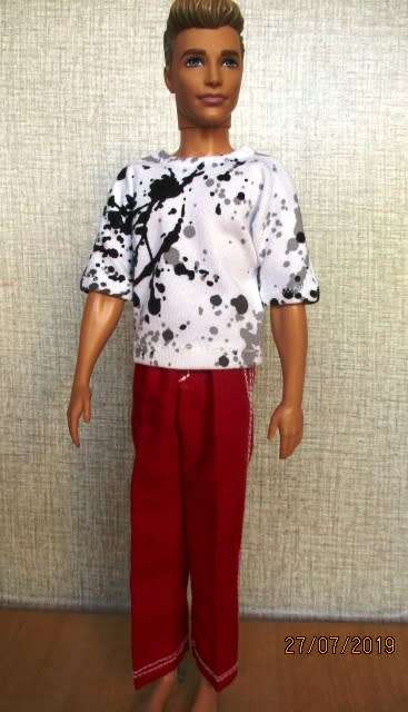 Ken doll's red pants with black and white print Tee