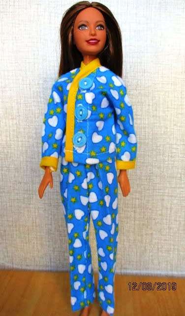 Barbie doll's winter PYJAMAS - blue with white hearts