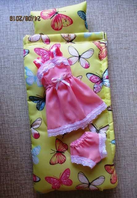 Barbie doll's sleeping bag and nightie set - yellow butterfly +pink
