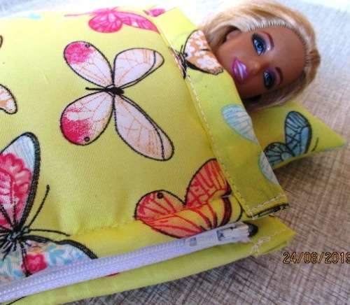 Barbie doll's SLEEPING BAG and nightie set - yellow butterfly + blue