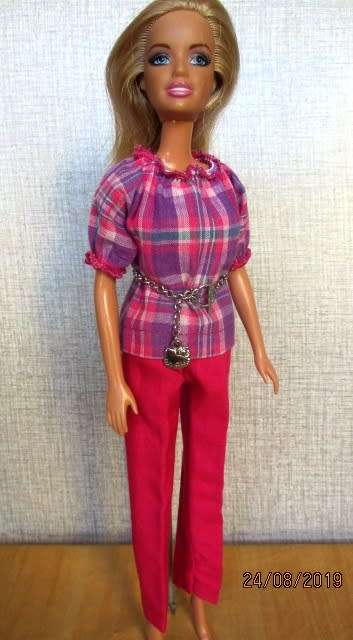 Barbie doll's pink PANTS + check PEASANT TOP and chain belt