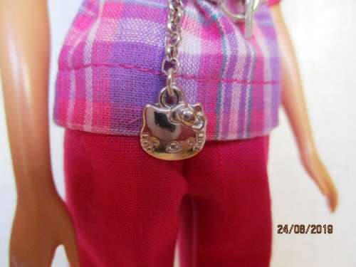 Barbie doll's pink PANTS + check PEASANT TOP and chain belt