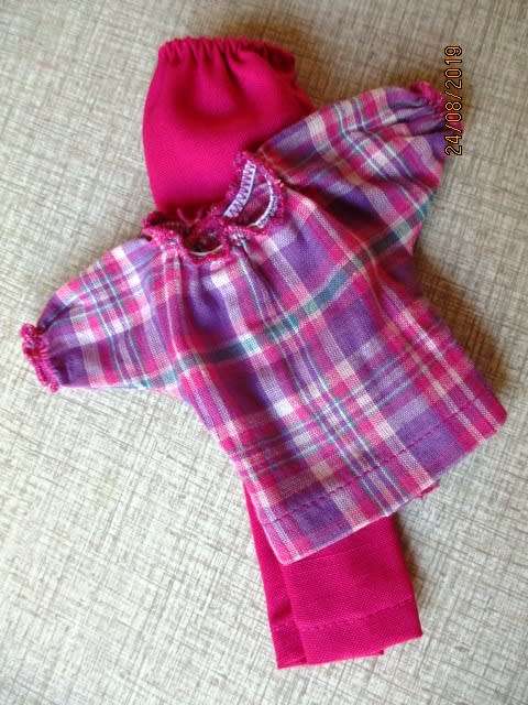 Barbie doll's pink PANTS + check PEASANT TOP and chain belt