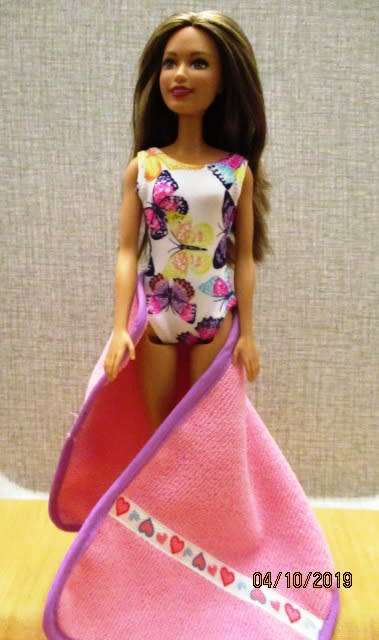 Barbie doll's bathing costume and beach towel - pink butterfly