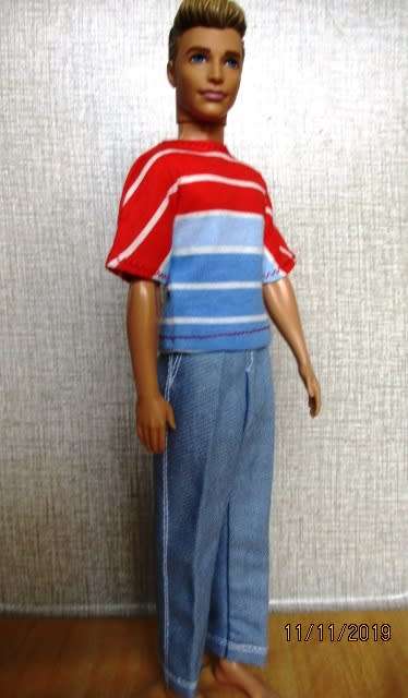 Ken doll's jeans with red and blue striped T-shirt