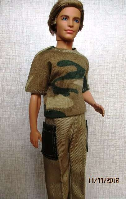 Ken doll's brown cargo pants with green camo T-shirt