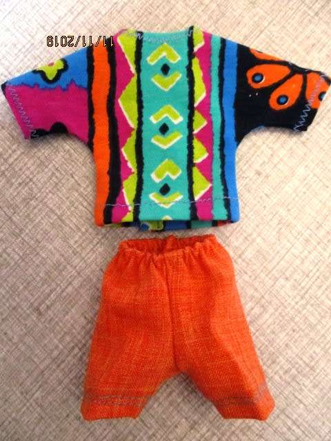 Barbie doll's shorts and bright print T-shirt