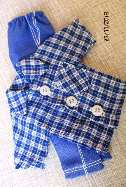 Ken doll's pants with button down shirt - small blue check