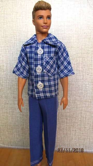 Ken doll's pants with button down shirt - small blue check