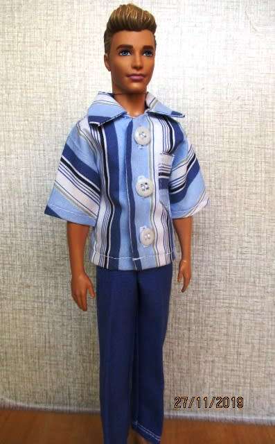 Ken doll's pants with button down shirt - blue stripe