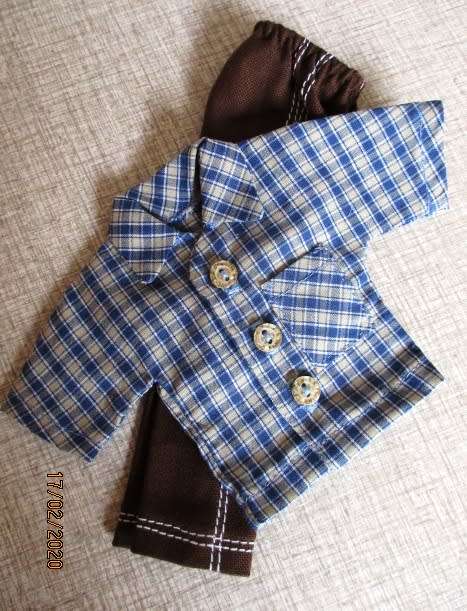 Ken doll's pants and shirt with collar and buttons - brown check
