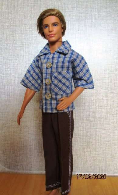 Ken doll's pants and shirt with collar and buttons - brown check