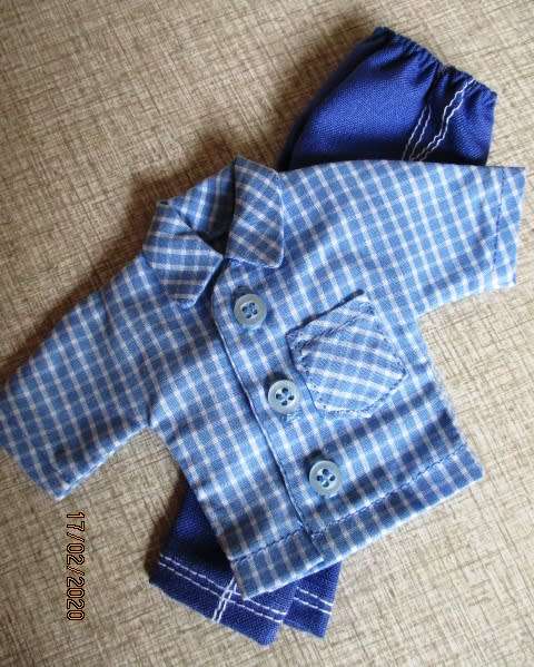 Ken doll's pants and shirt with collar - blue check
