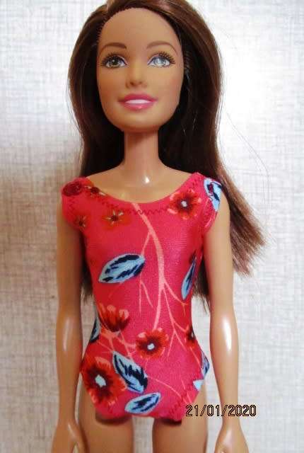 Barbie doll's bathing costume and towel - orange floral
