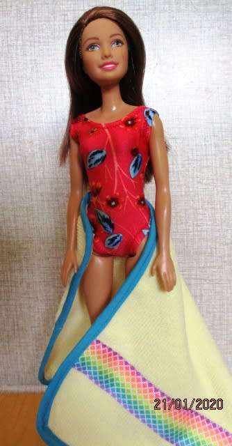 Barbie doll's bathing costume and towel - orange floral