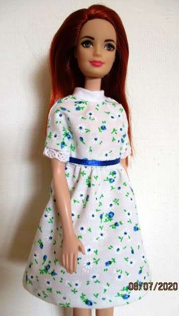 Barbie doll's short sleeved dress - white and blue floral