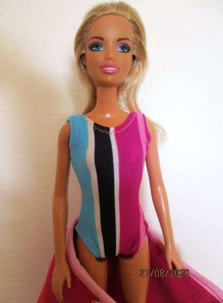Barbie bathing costume and beach towel - blue stripe