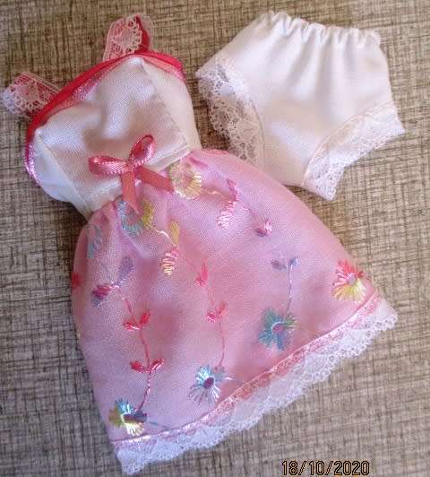 Barbie doll`s summer nightie - pink embroidered anglaise + white