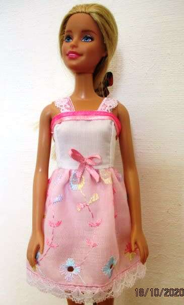 Barbie doll`s summer nightie - pink embroidered anglaise + white