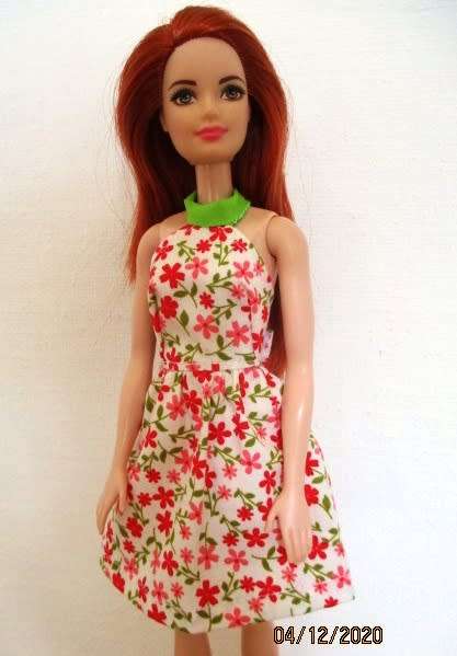 Barbie doll`s halter neck dress - pink and green print
