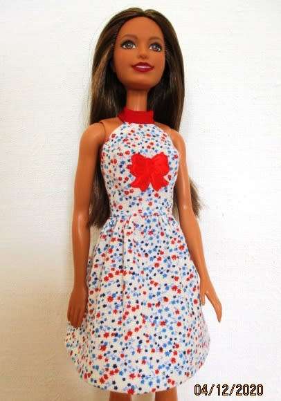 Barbie doll`s halter neck dress - red/blue/white bow